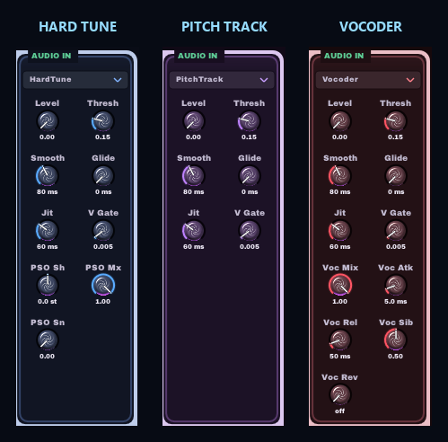 The EnneAgraM Audio In panel in three modes: Hard Tune, Pitch Track and Vocoder