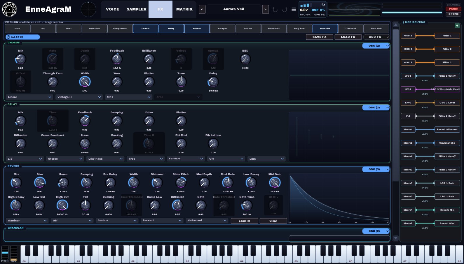 Effects page with a drag-to-reorder chain, chorus, delay and reverb