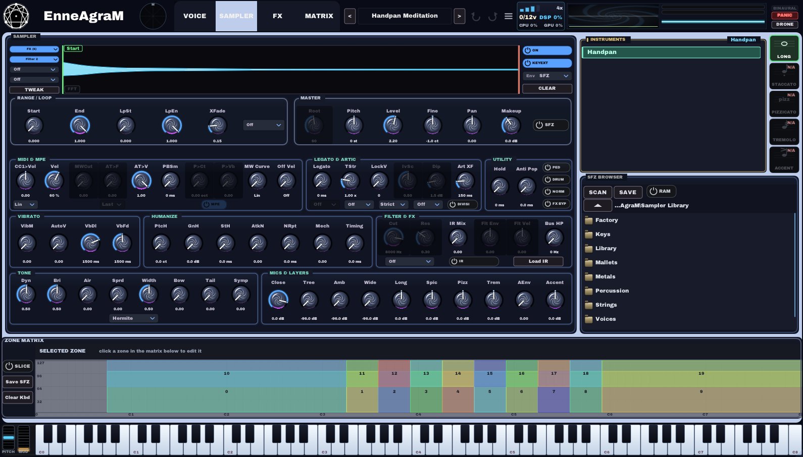Sampler page with the zone matrix, articulations and instrument browser