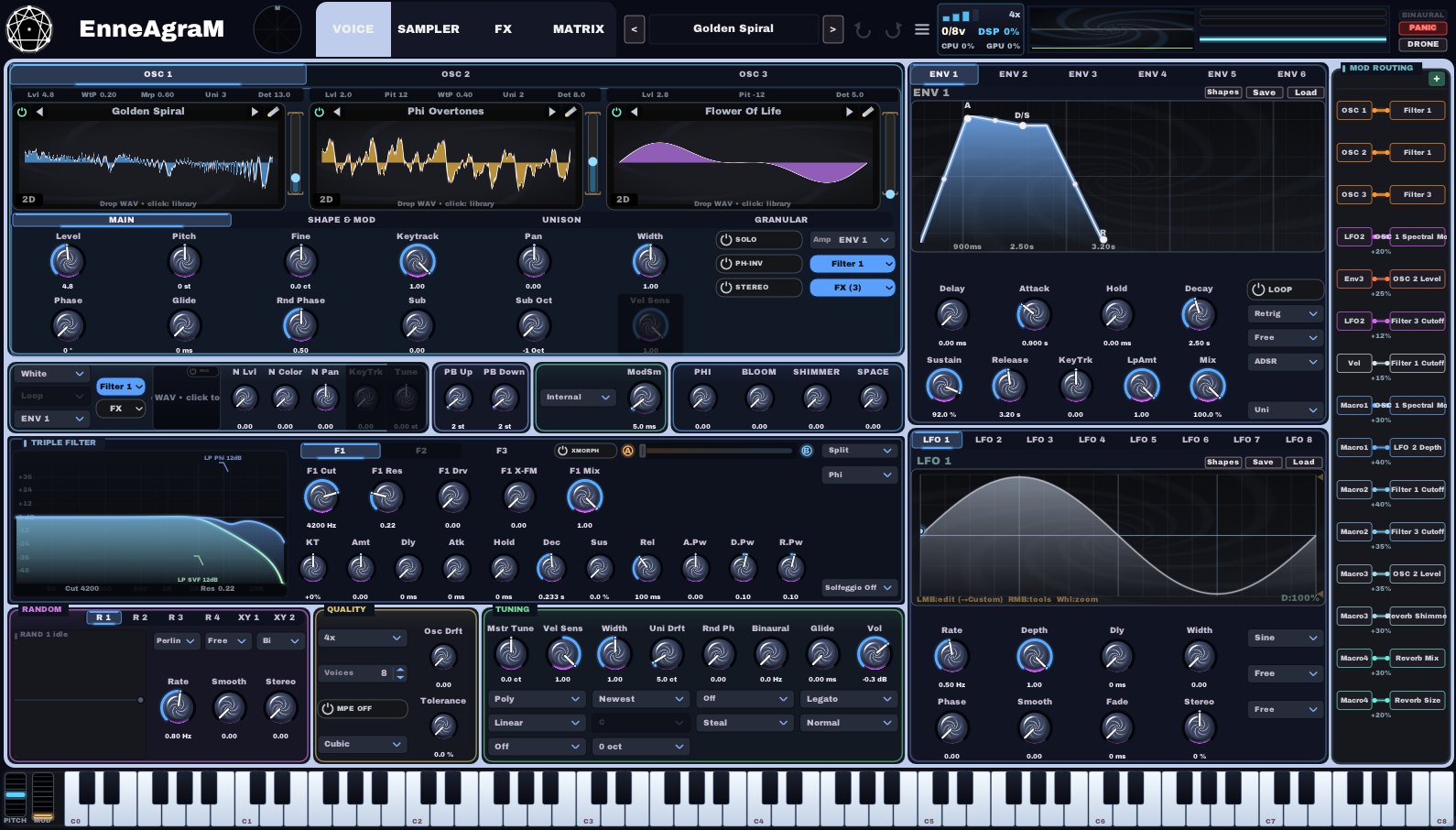 EnneAgraM voice page: three oscillators, envelopes, LFOs, filters and modulation routing, with the Golden Spiral preset loaded